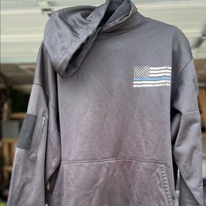 XL black hoodie with blue line flag.